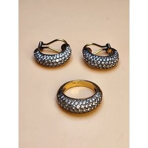 Vtg 925 Sterling Silver Gold Overlay Pave Ring & Earring Set Clip-On FREE $HIP!!